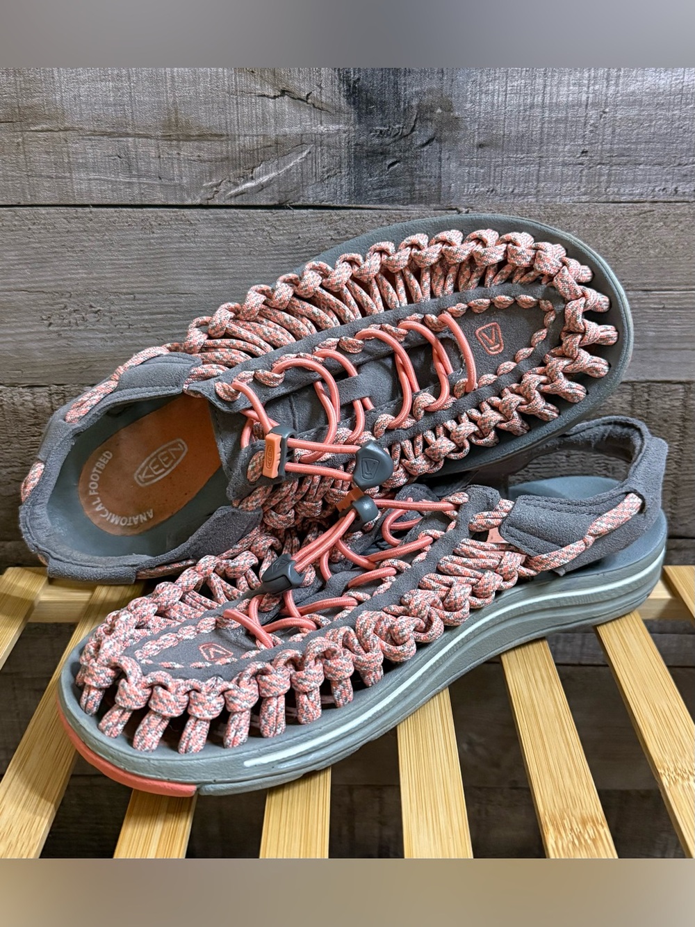 Keen Woman’s Coral and Gray UNEEK Corded Sandal Size 8